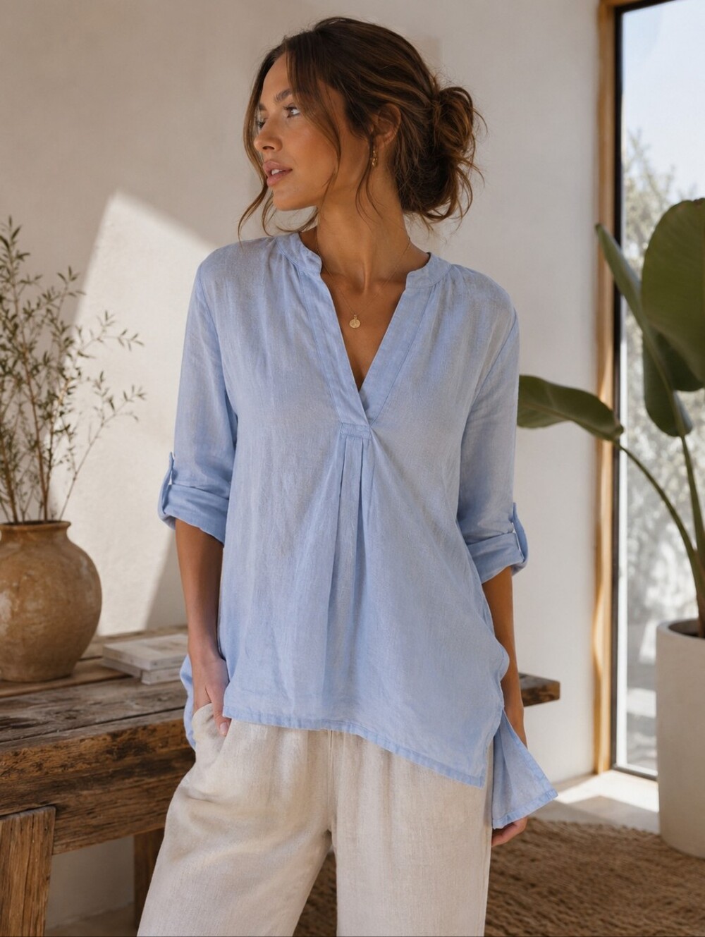 Lintico Light Blue Linen V-Neck Tunic Top - Women's